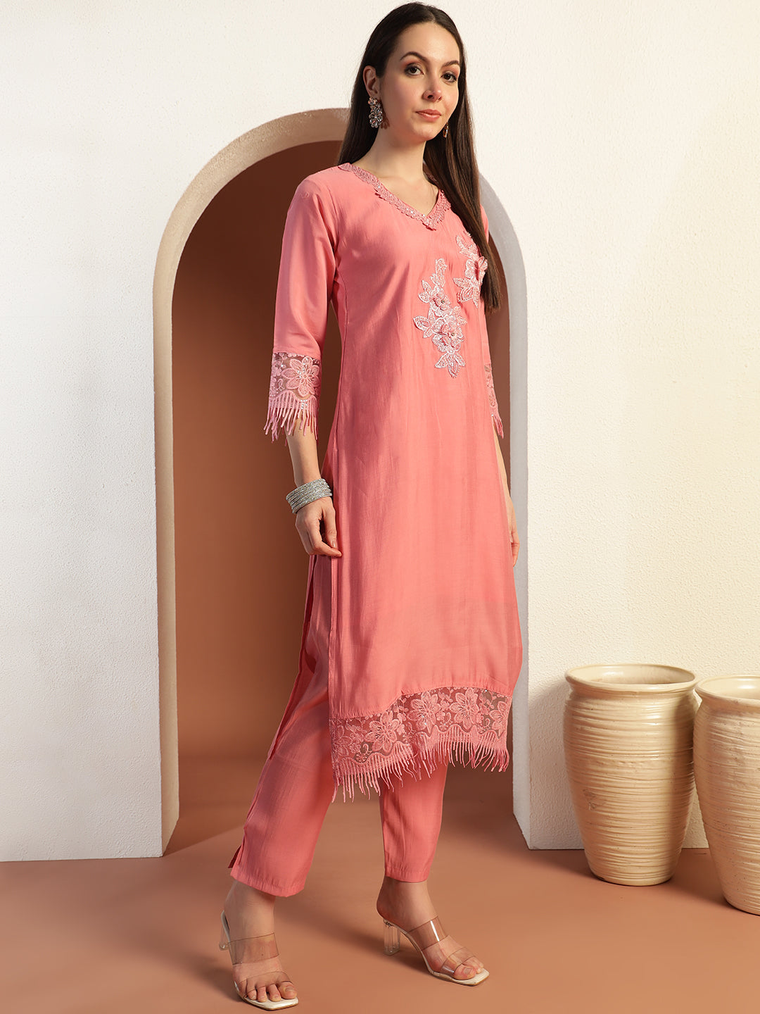 Applique Resham Embroidered Kurta Set with Schiffli Border Digital Floral Print Dupatta
