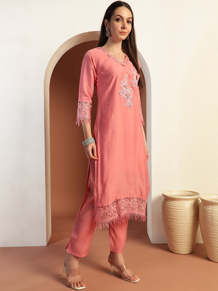Applique Resham Embroidered Kurta Set with Schiffli Border Digital Floral Print Dupatta