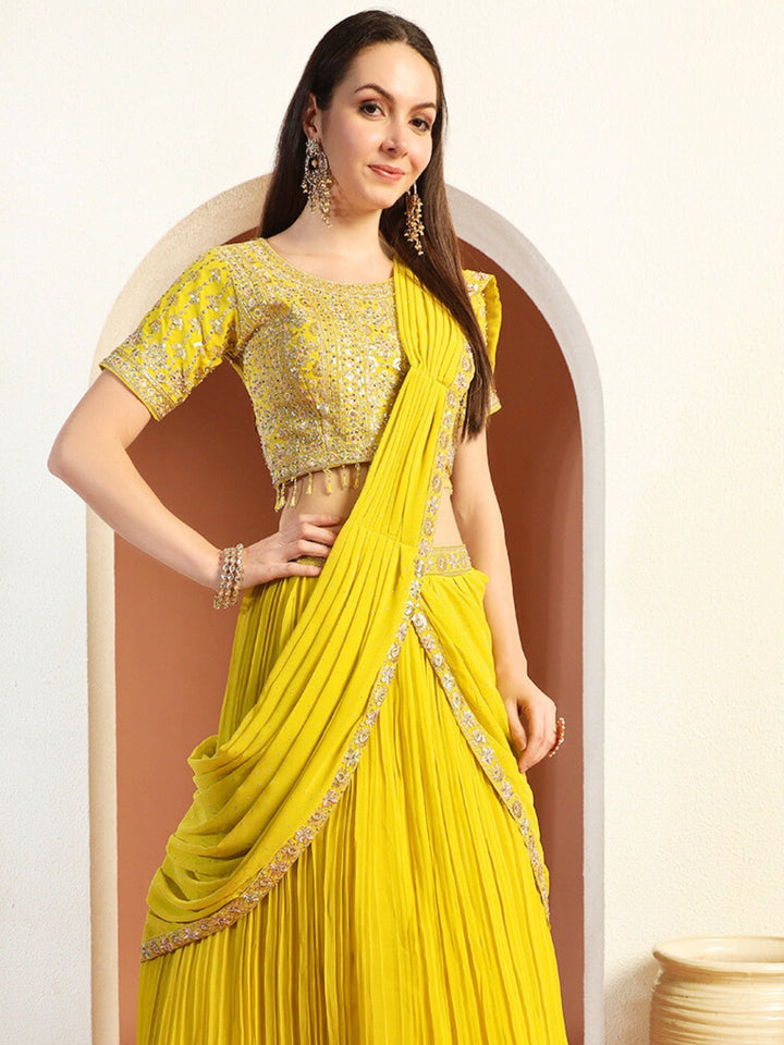 Chhabra 555 Sequinned Pre-Draped Lehenga Set with Embroidered Tasseled Choli and Attached Dupatta
