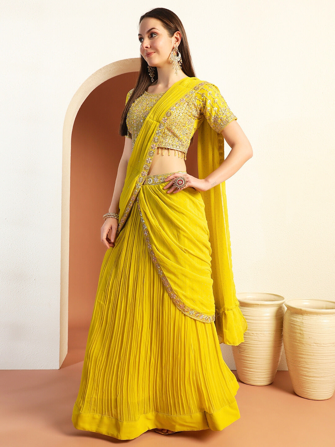 Chhabra 555 Sequinned Pre-Draped Lehenga Set with Embroidered Tasseled Choli and Attached Dupatta