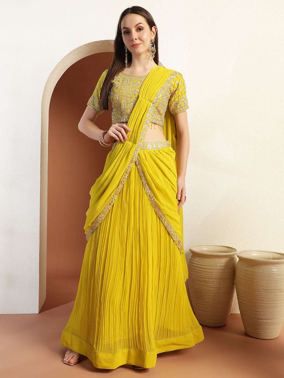 Chhabra 555 Sequinned Pre-Draped Lehenga Set with Embroidered Tasseled Choli and Attached Dupatta