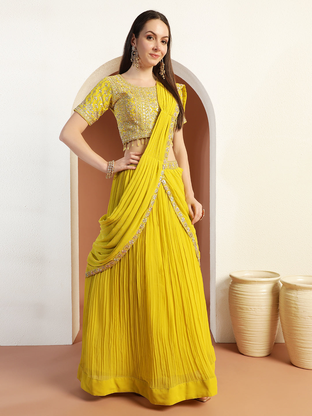 Chhabra 555 Sequinned Pre-Draped Lehenga Set with Embroidered Tasseled Choli and Attached Dupatta