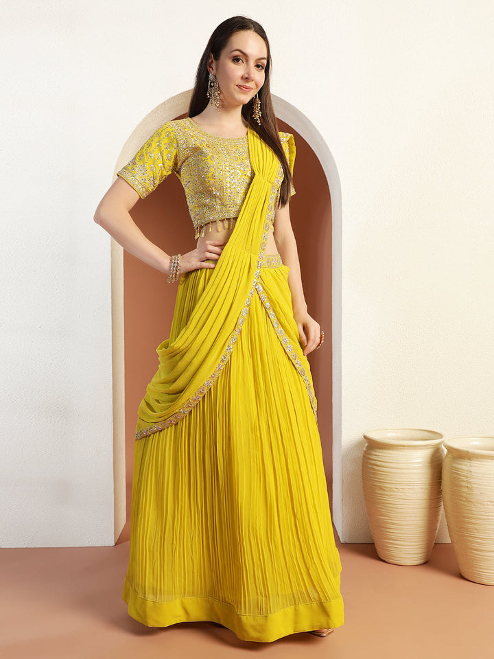 Chhabra 555 Sequinned Pre-Draped Lehenga Set with Embroidered Tasseled Choli and Attached Dupatta