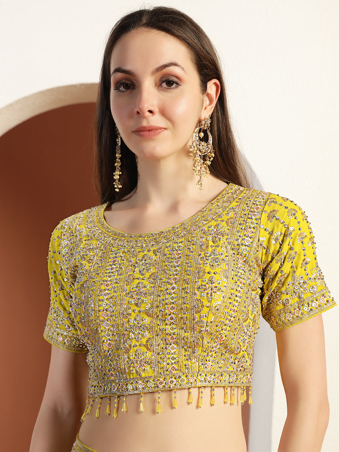 Chhabra 555 Sequinned Pre-Draped Lehenga Set with Embroidered Tasseled Choli and Attached Dupatta