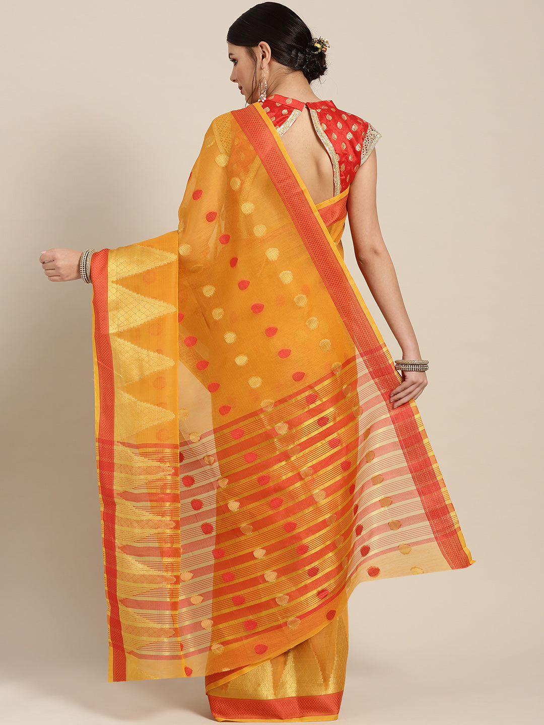 Yellow Chanderi Silk Saree with Zari and Resham Weaving In A Traditional Temple Pattern