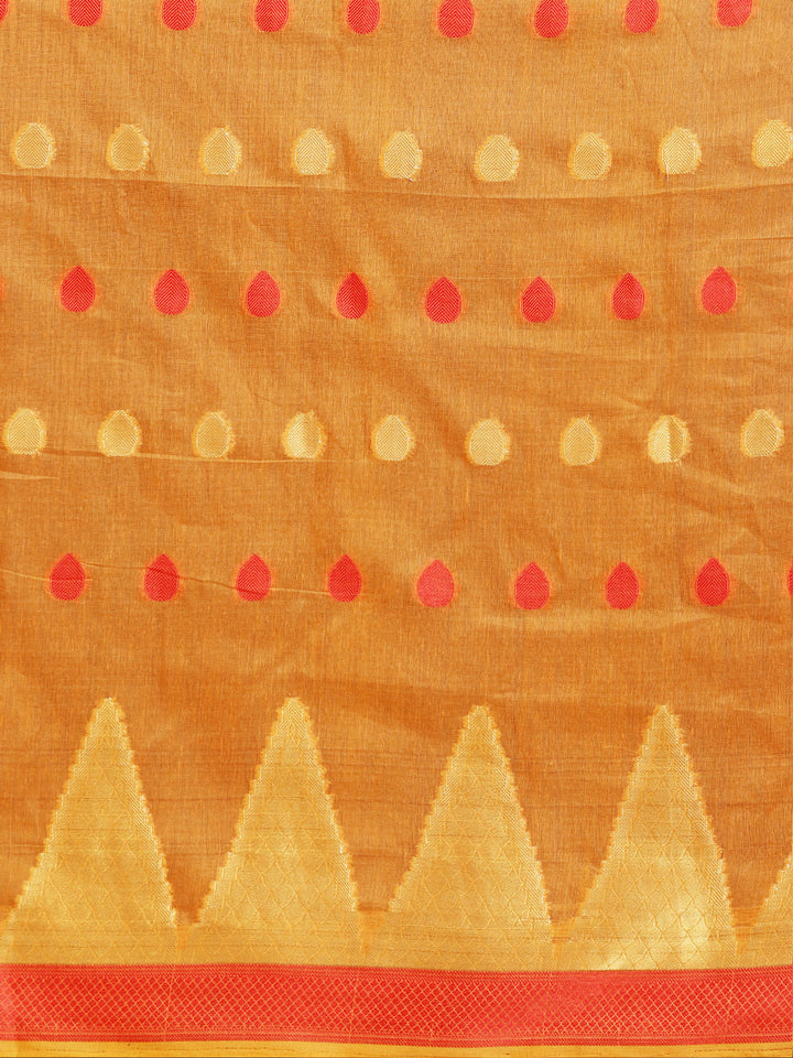 Yellow Chanderi Silk Saree with Zari and Resham Weaving In A Traditional Temple Pattern
