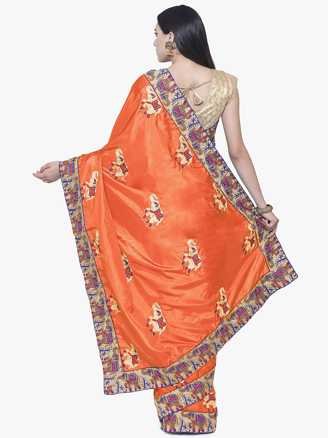 Orange Art Silk Embroidered Party Wear Saree