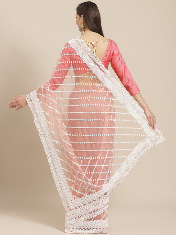 Net Scalloped Cocktail Saree with Resham White Embroidery and Crystal embellishments