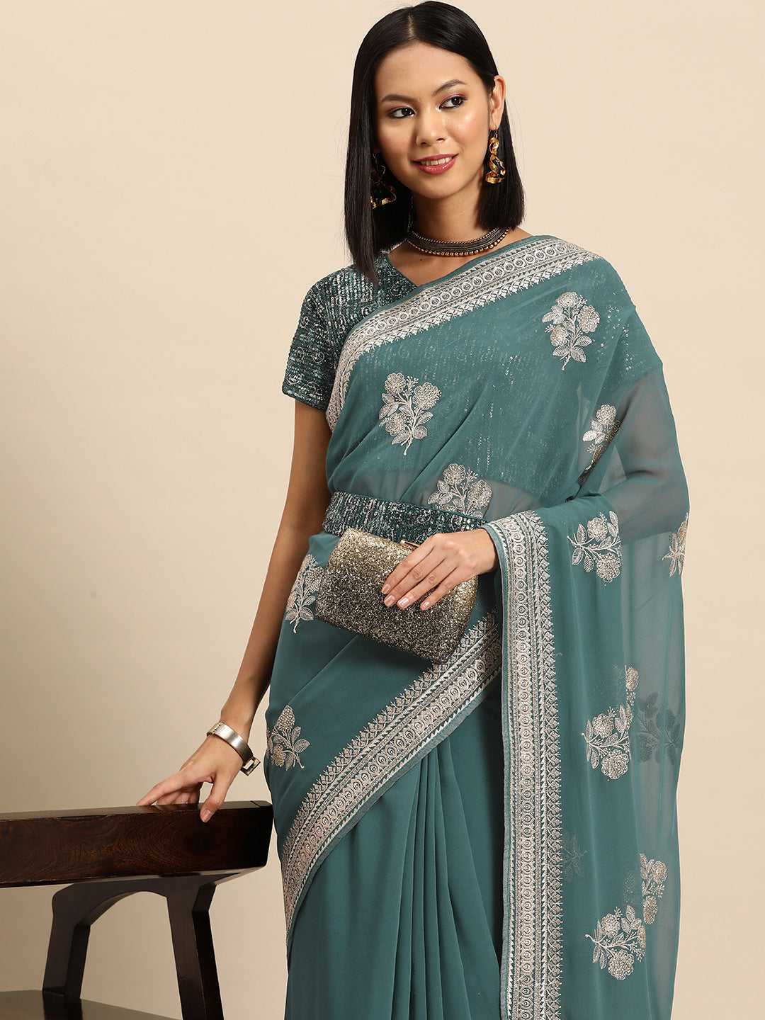 Teal Gold Thread Aari & Swarovski Embellished Floral Georgette Saree