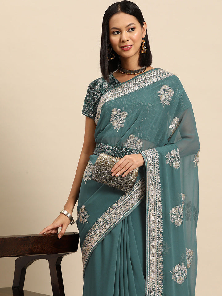 Teal Gold Thread Aari & Swarovski Embellished Floral Georgette Saree