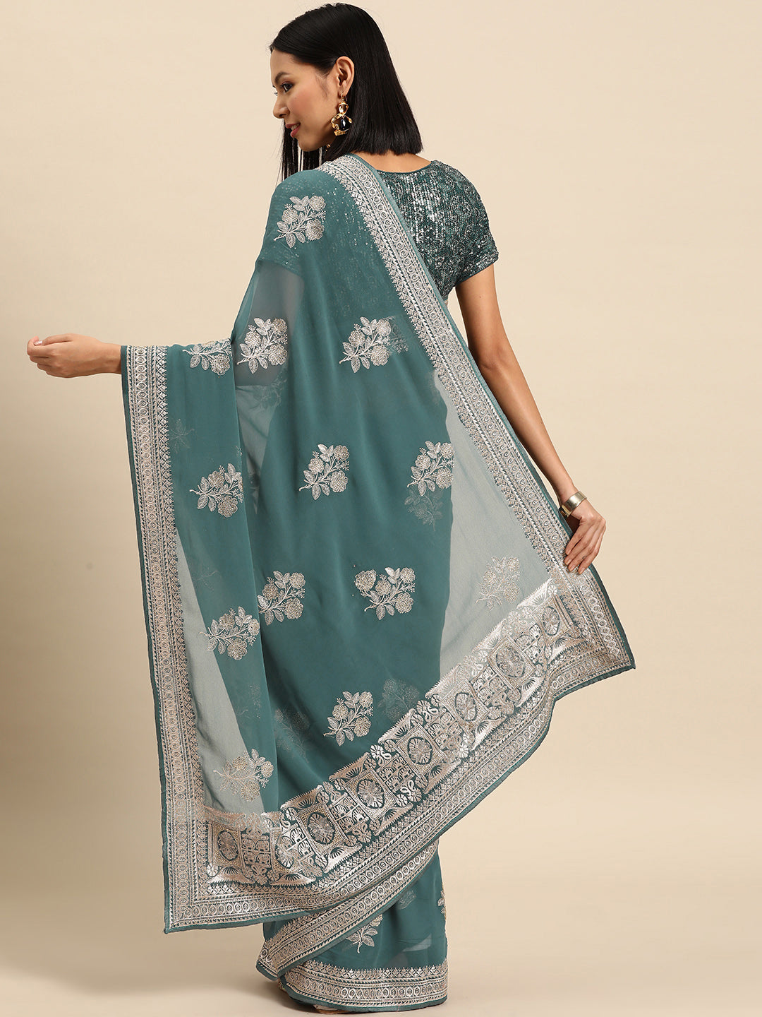 Teal Gold Thread Aari & Swarovski Embellished Floral Georgette Saree