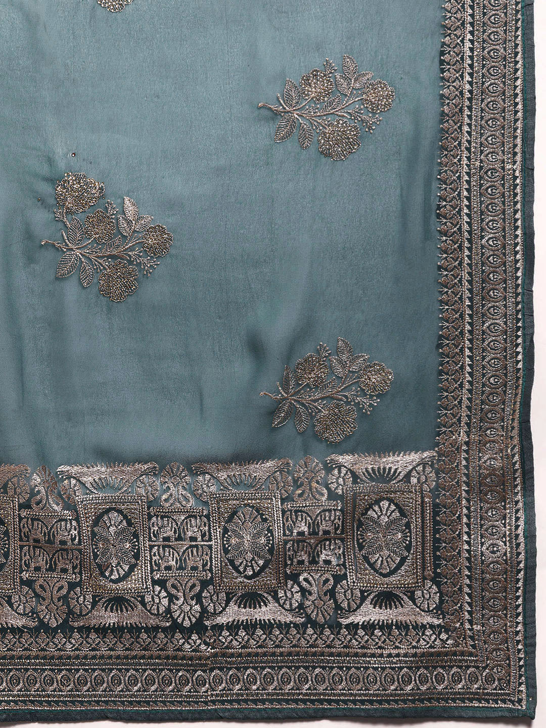 Teal Gold Thread Aari & Swarovski Embellished Floral Georgette Saree