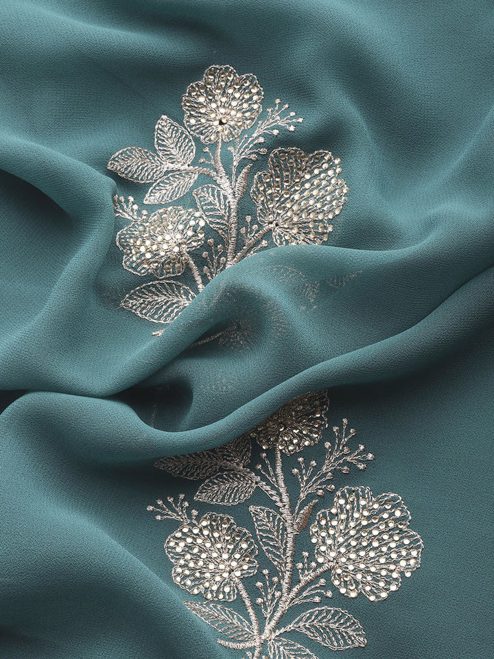 Teal Gold Thread Aari & Swarovski Embellished Floral Georgette Saree