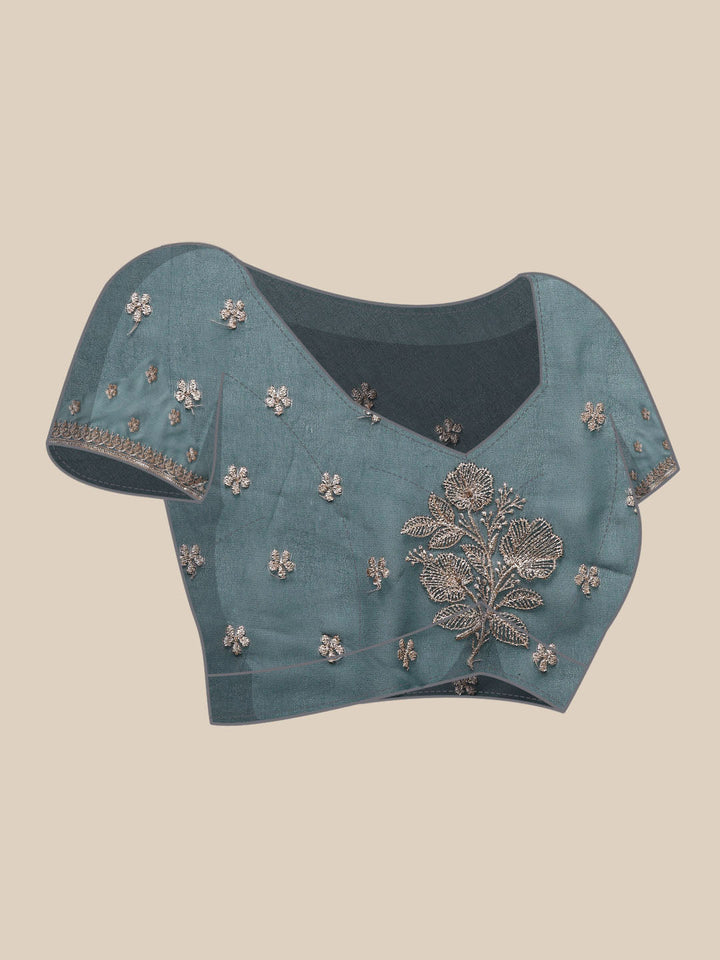 Teal Gold Thread Aari & Swarovski Embellished Floral Georgette Saree