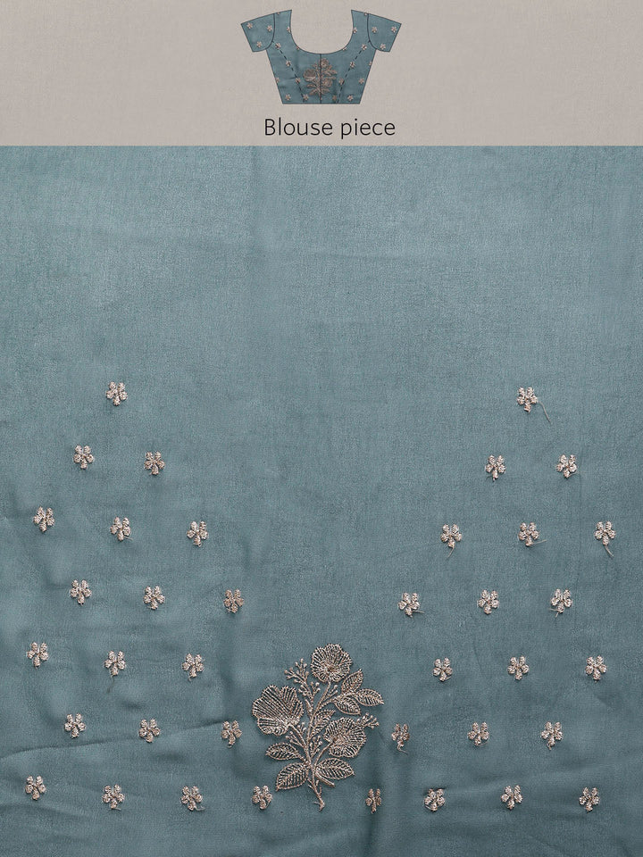 Teal Gold Thread Aari & Swarovski Embellished Floral Georgette Saree