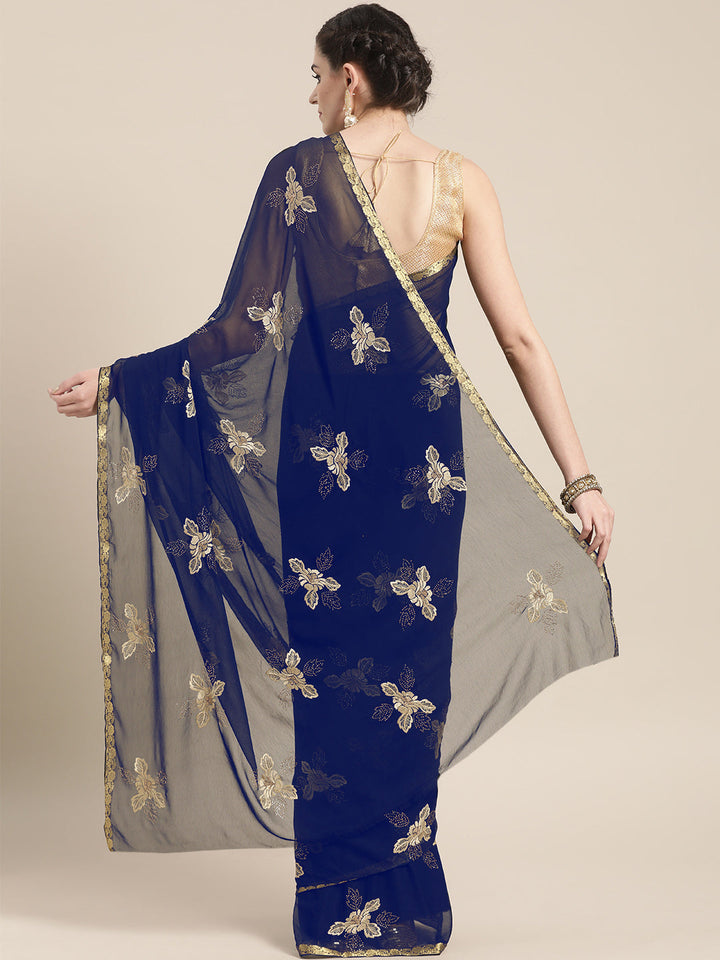 Chiffon Resham Embroidered Saree with Zari Woven Satin border and crystals