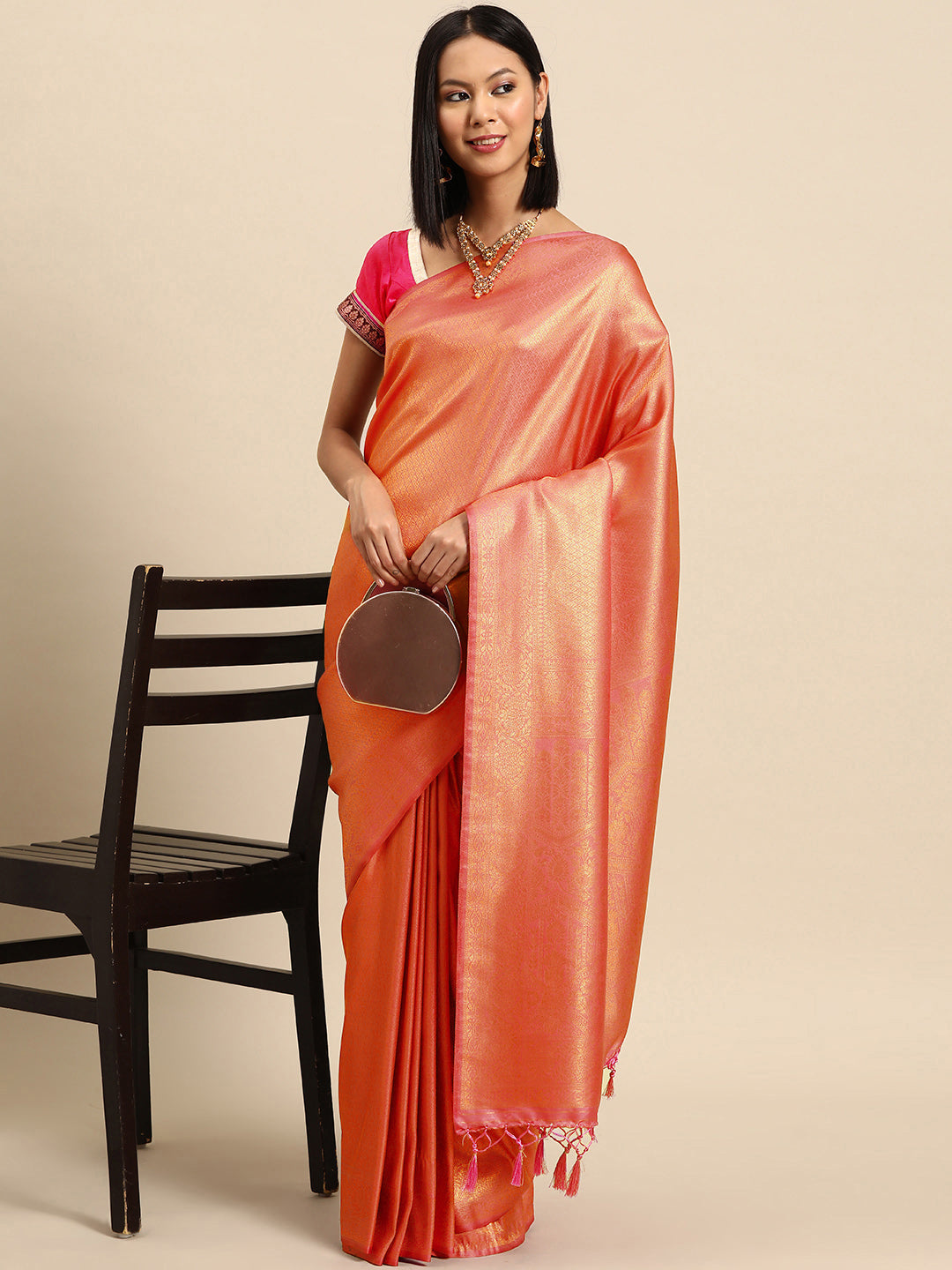 Chhabra 555 Zari Woven Ethnic Kanjeevaram Handloom Saree with Gold Zari Ethnic Motifs