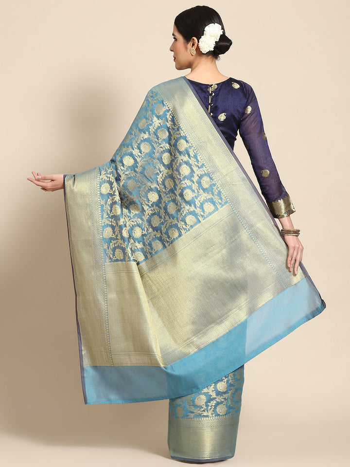 Teal Blue Banarasi Floral Jaal Zari Woven Embroidered Art Silk Saree