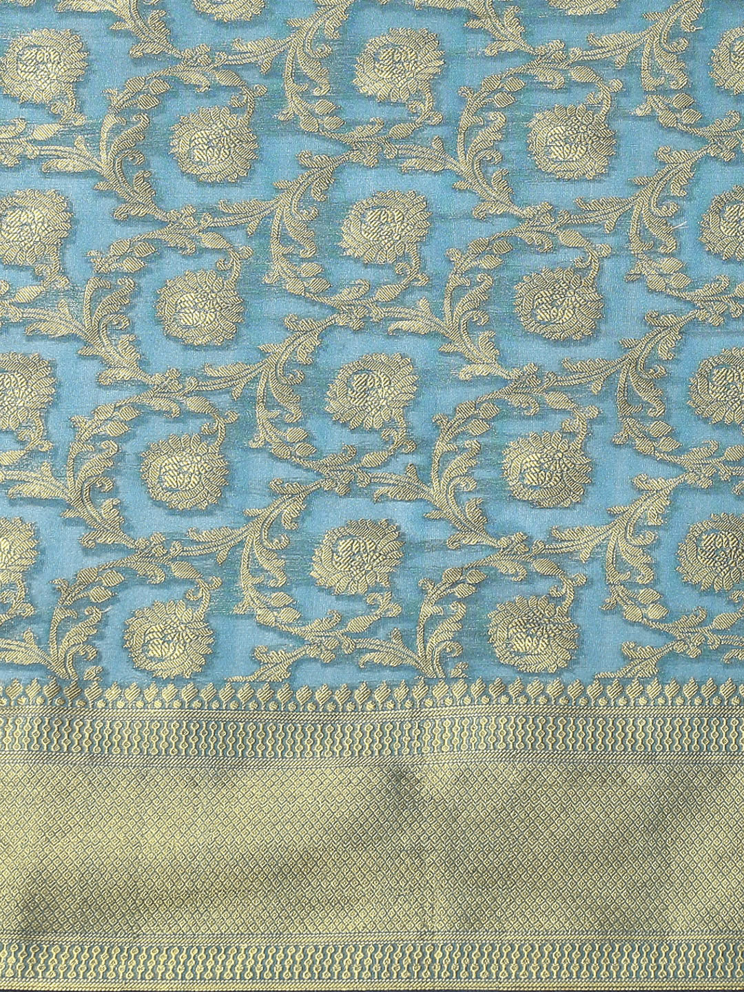 Teal Blue Banarasi Floral Jaal Zari Woven Embroidered Art Silk Saree