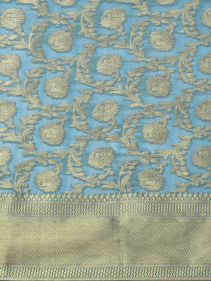 Teal Blue Banarasi Floral Jaal Zari Woven Embroidered Art Silk Saree