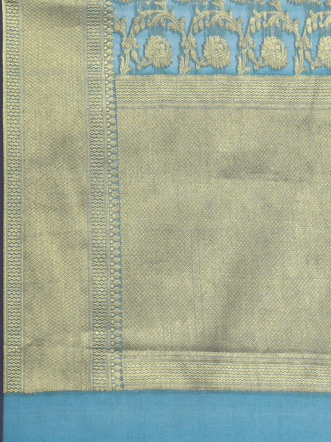 Teal Blue Banarasi Floral Jaal Zari Woven Embroidered Art Silk Saree