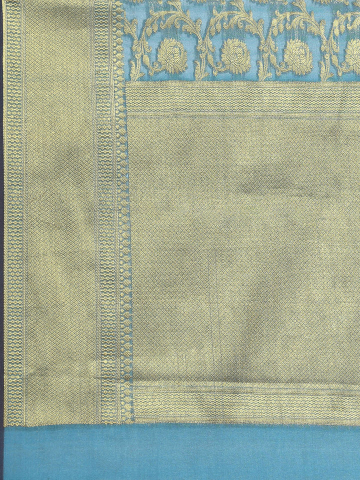 Teal Blue Banarasi Floral Jaal Zari Woven Embroidered Art Silk Saree