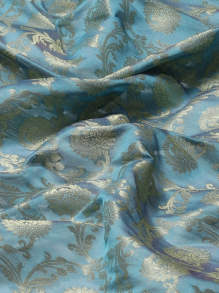 Teal Blue Banarasi Floral Jaal Zari Woven Embroidered Art Silk Saree