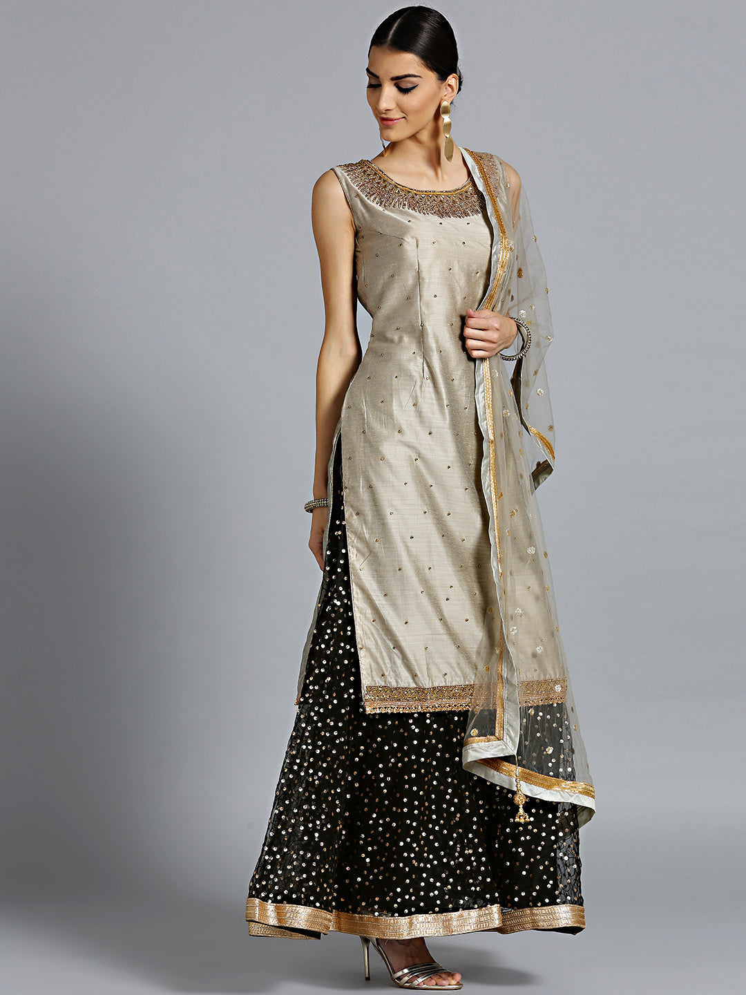 Jewelled Neckline Kurta with Embroidered Pallazo