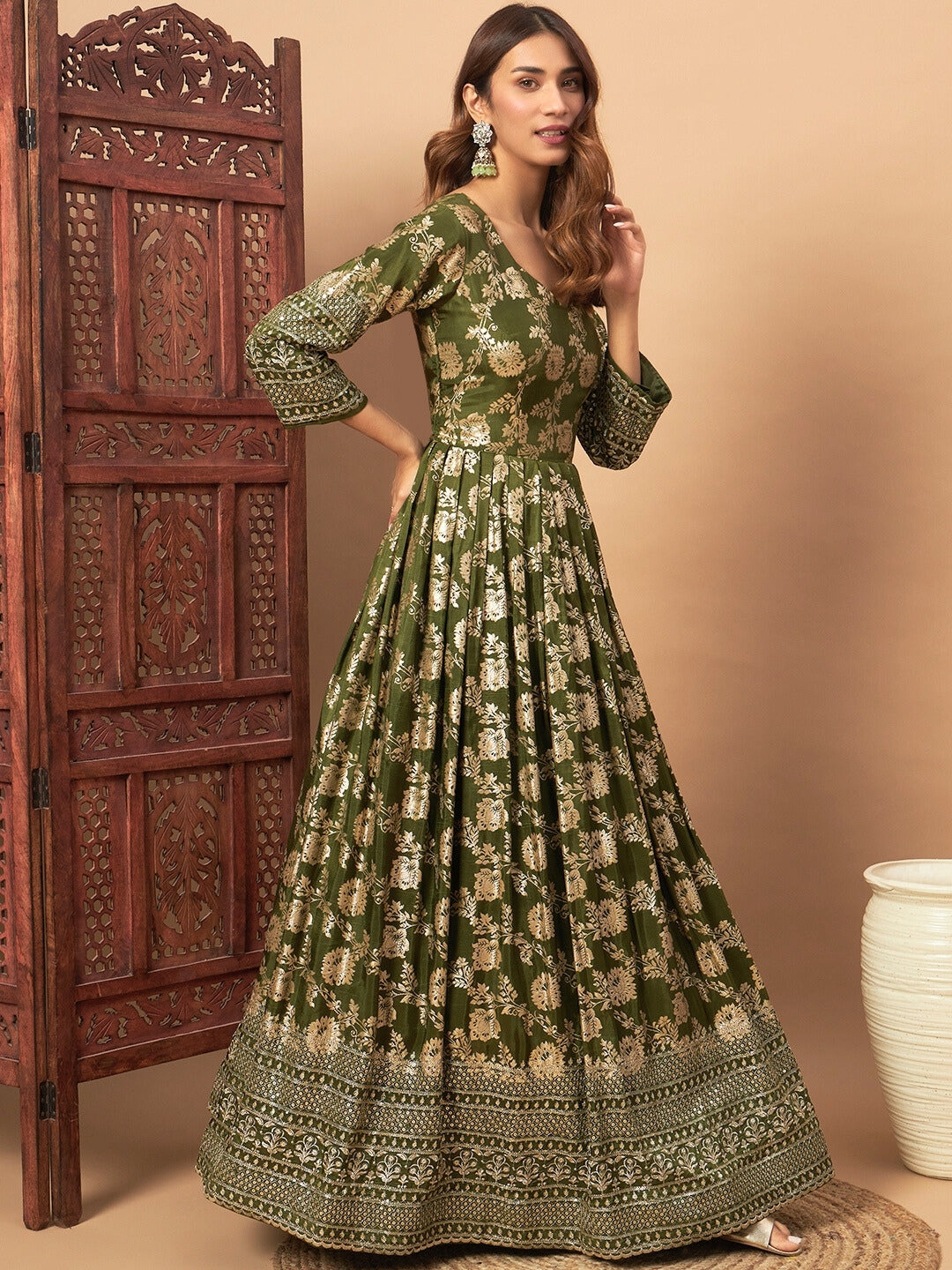 Chhabra 555 Mehndi Green Banarasi Brocade Anarkali Party Wear Long Gown With Embellished Dupatta