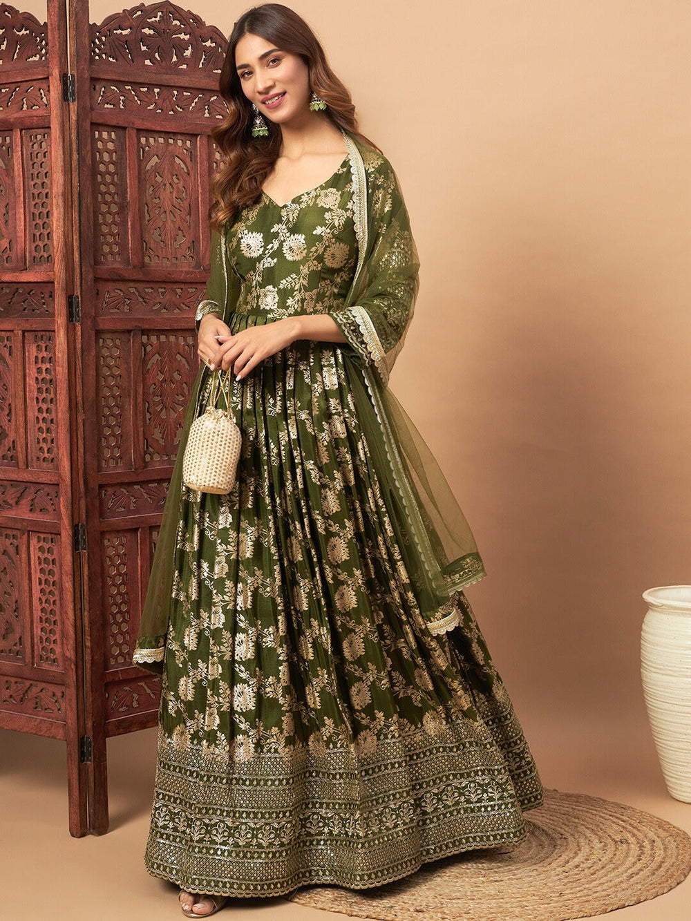 Chhabra 555 Mehndi Green Banarasi Brocade Anarkali Party Wear Long Gown With Embellished Dupatta