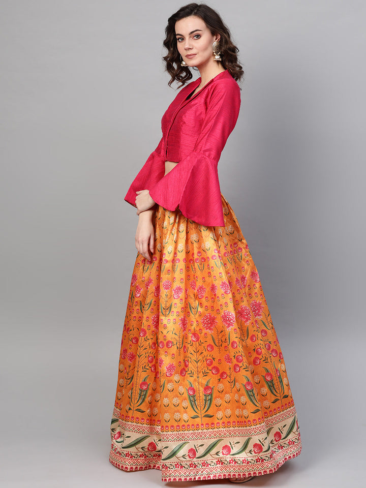 Digital Print Lehenga with Jacket Style Bell Sleeve Crop Top