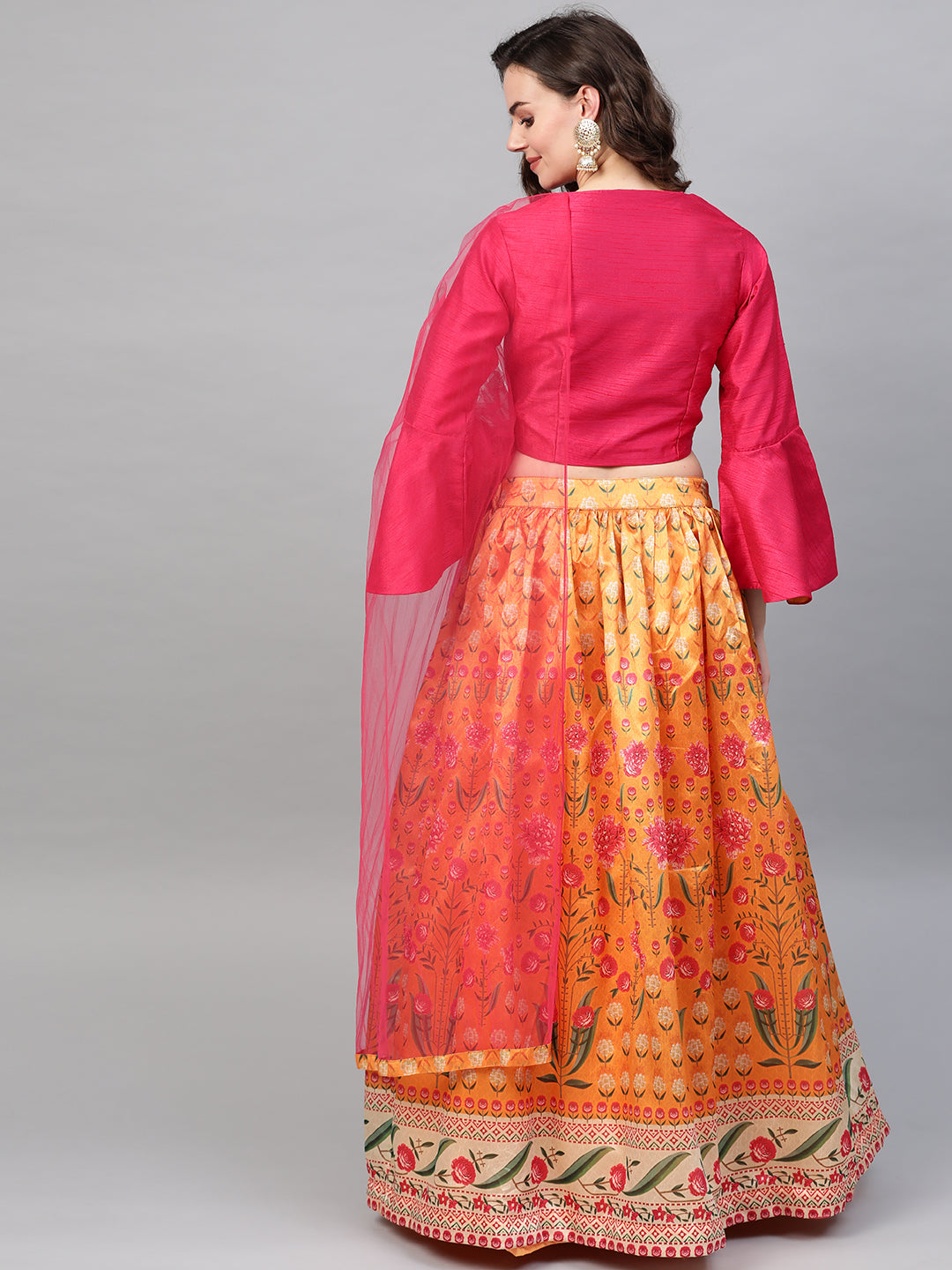 Digital Print Lehenga with Jacket Style Bell Sleeve Crop Top