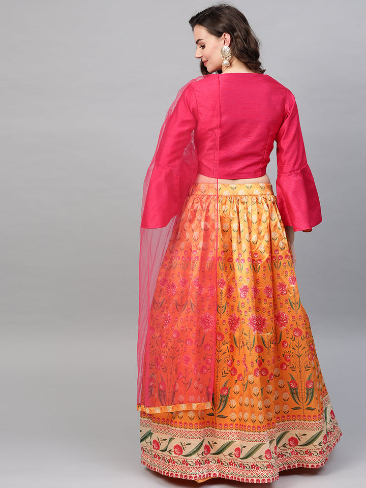 Digital Print Lehenga with Jacket Style Bell Sleeve Crop Top