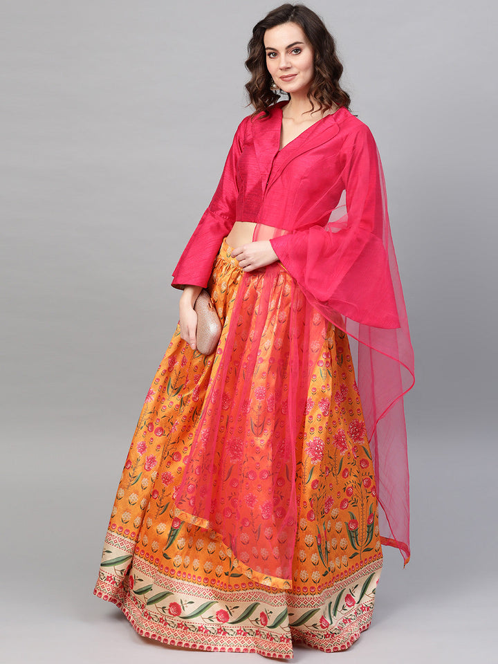 Digital Print Lehenga with Jacket Style Bell Sleeve Crop Top