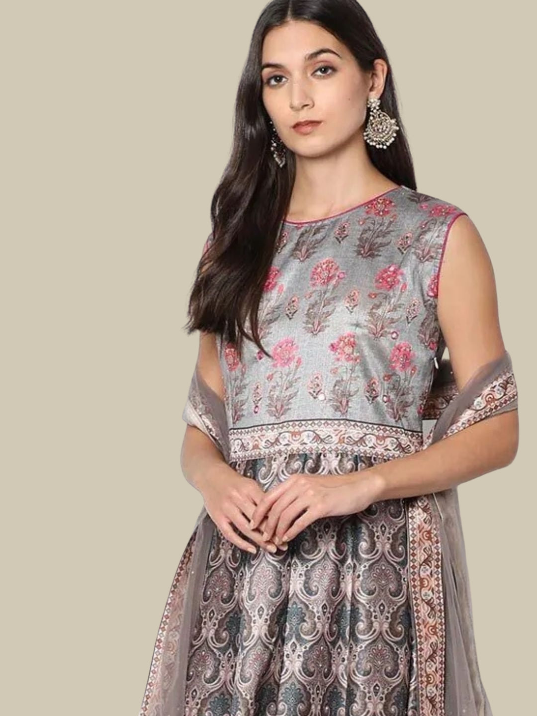 Ikat inspired Digital Print Gown With Net Dupatta