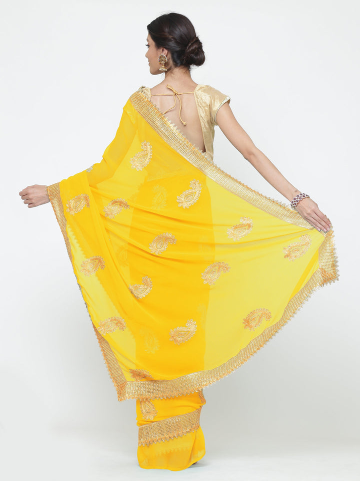Bright Yellow Georgette Saree With Resham Embroidery