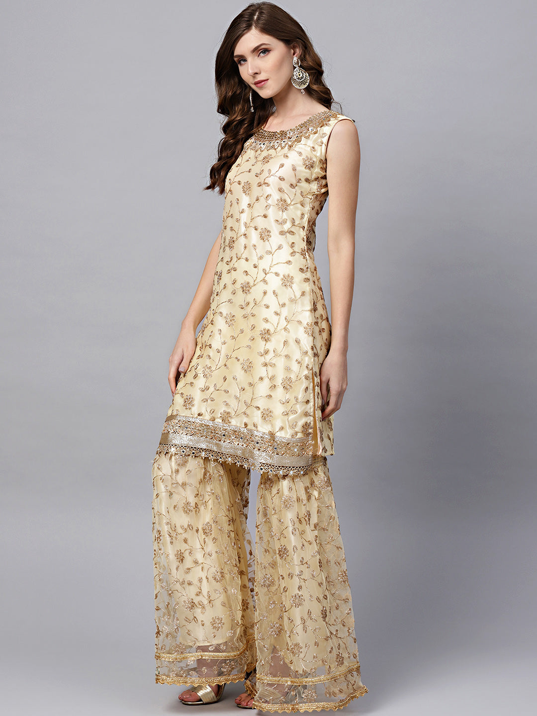 Zari Embroidered Kurta Sharara Set with Mirror Embellishments