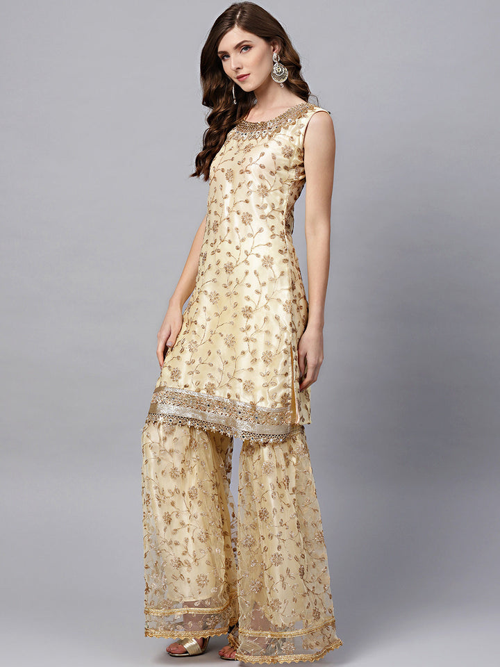 Zari Embroidered Kurta Sharara Set with Mirror Embellishments
