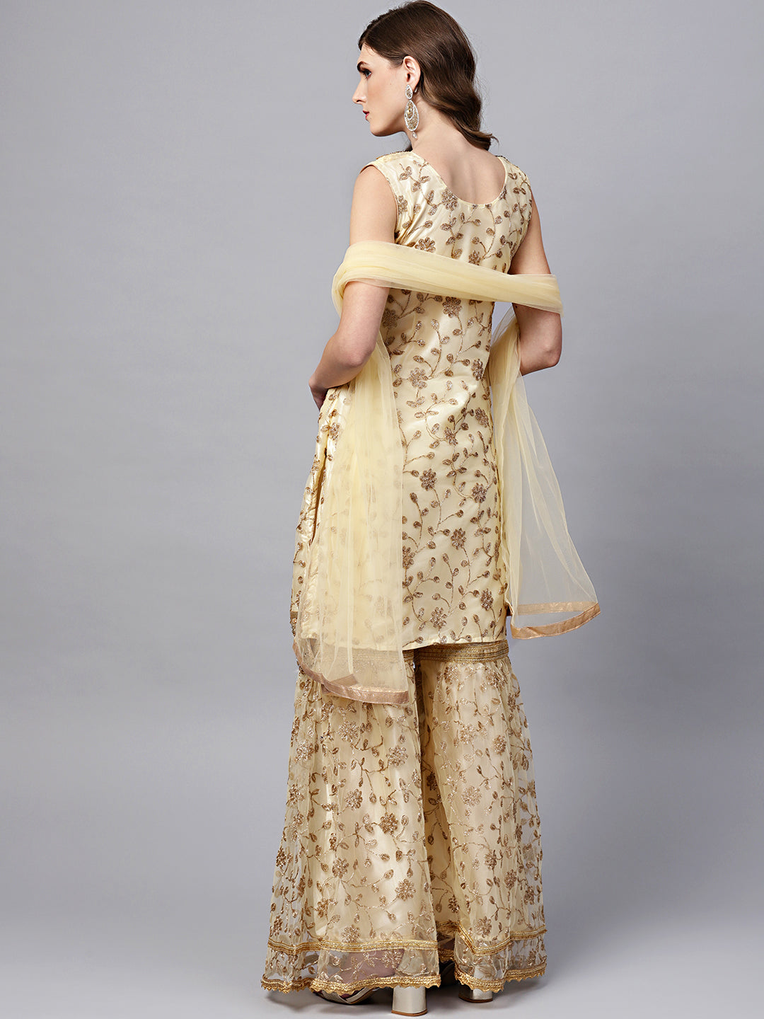 Zari Embroidered Kurta Sharara Set with Mirror Embellishments