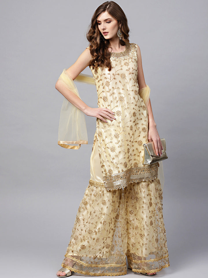 Zari Embroidered Kurta Sharara Set with Mirror Embellishments