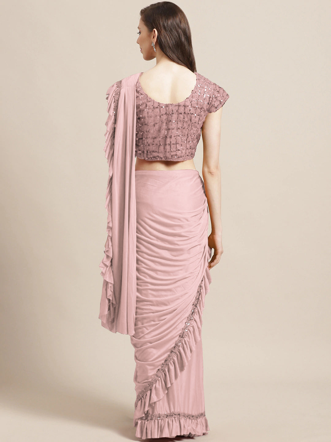 Baby Pink Ruffled Romantic Saree with Festive Layering & Bling Sequence Embroidery Blouse