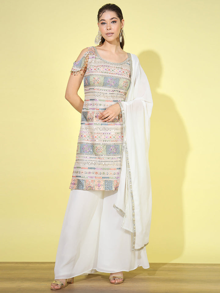 Multicolor Resham Sequin Embroidered Kurta Palazzo Set with Tassled