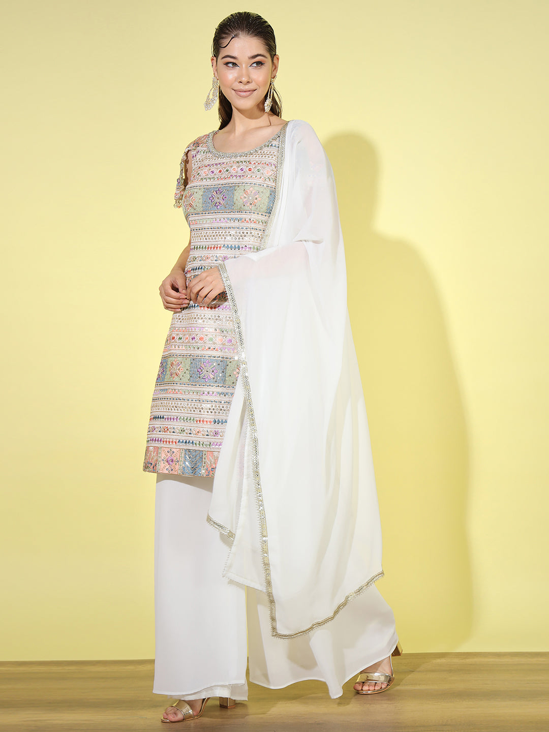 Multicolor Resham Sequin Embroidered Kurta Palazzo Set with Tassled