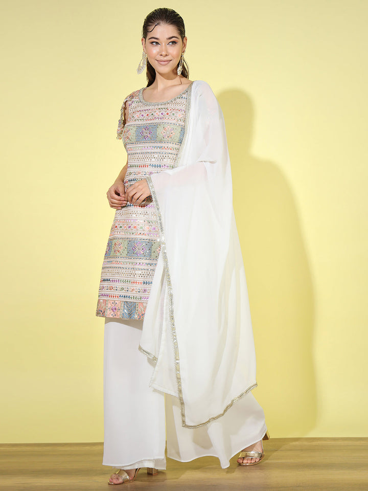 Multicolor Resham Sequin Embroidered Kurta Palazzo Set with Tassled