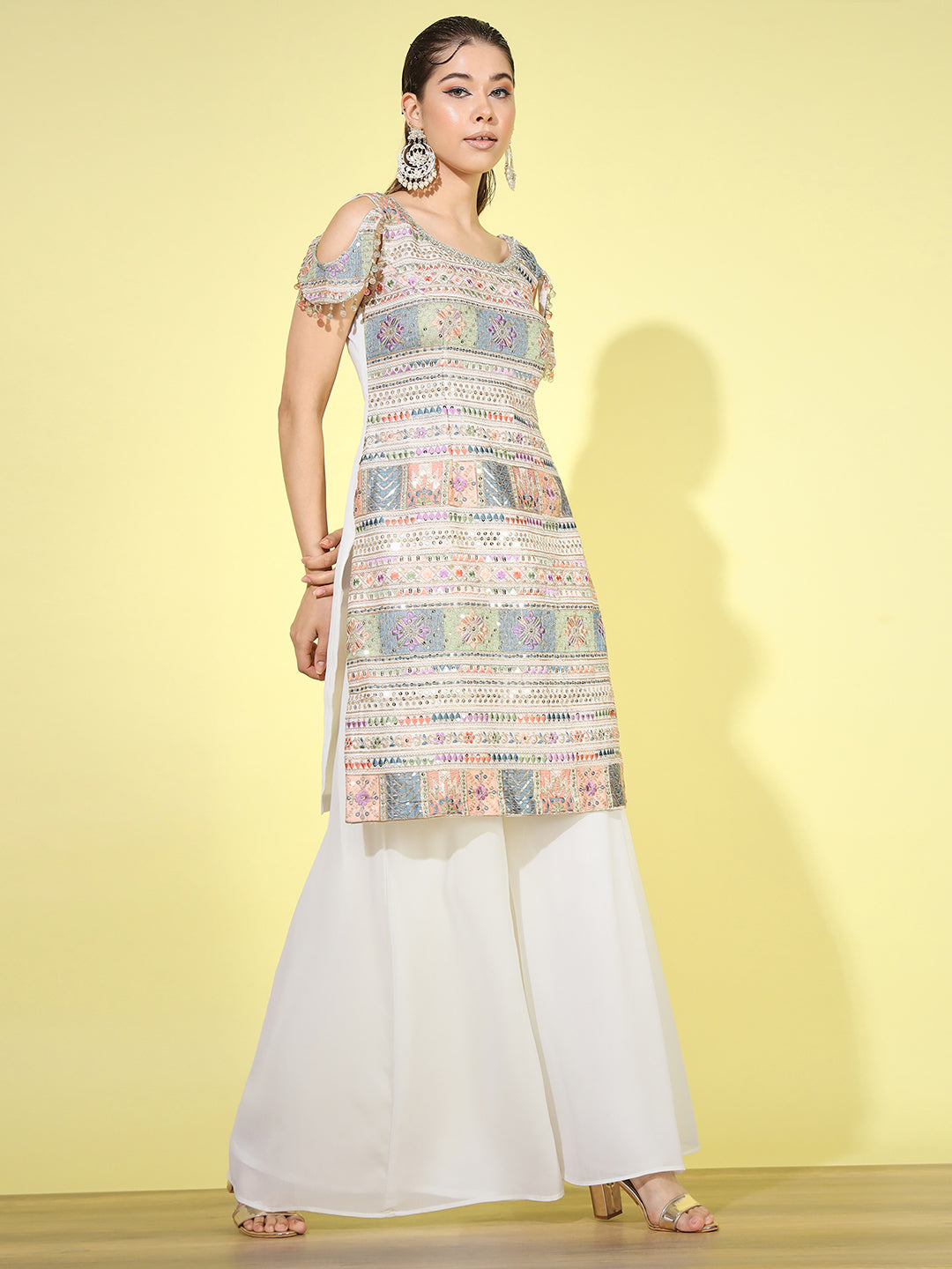 Multicolor Resham Sequin Embroidered Kurta Palazzo Set with Tassled