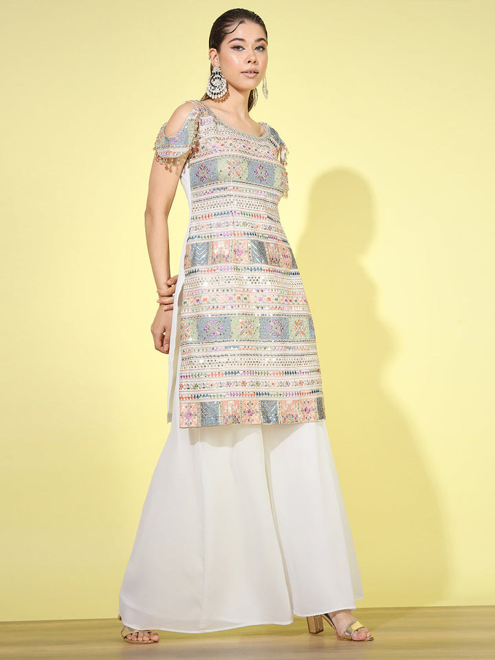 Multicolor Resham Sequin Embroidered Kurta Palazzo Set with Tassled