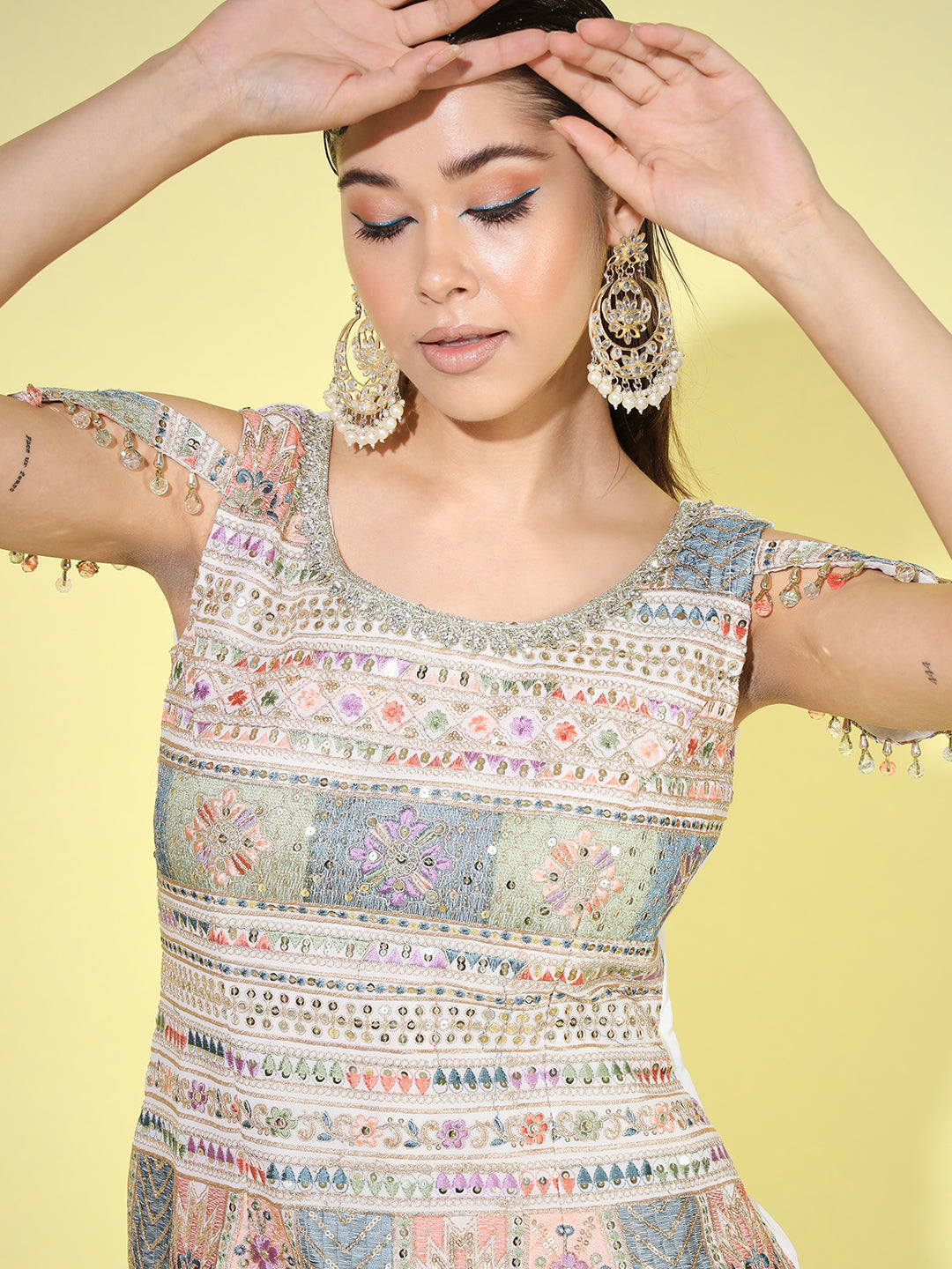 Multicolor Resham Sequin Embroidered Kurta Palazzo Set with Tassled
