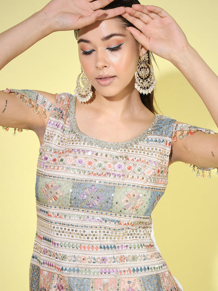 Multicolor Resham Sequin Embroidered Kurta Palazzo Set with Tassled