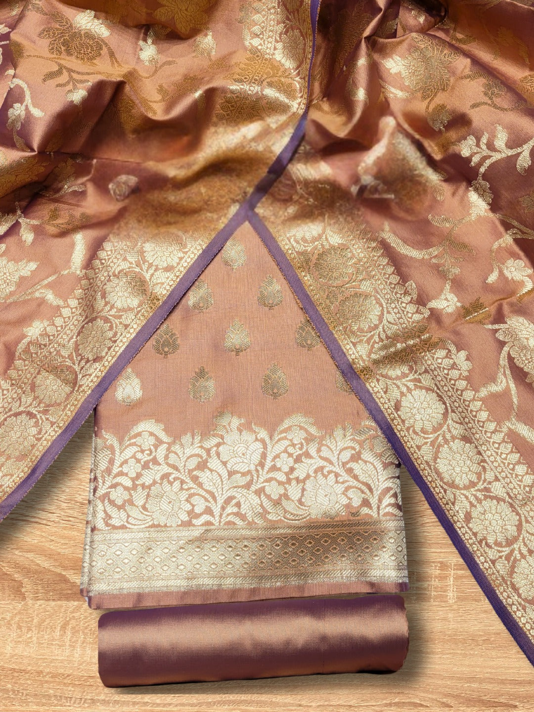 Banarasi Satin Silk Dress Material with Floral Zari Weave & Tasseled dupatta