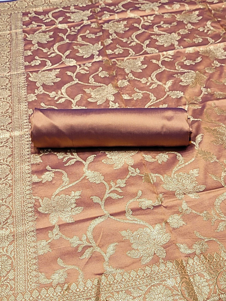 Banarasi Satin Silk Dress Material with Floral Zari Weave & Tasseled dupatta